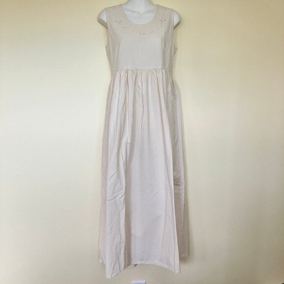 Natural Cotton Sleeveless Maxi Dress Neckline Embroidery Made in Mexico Pockets - Picture 1 of 7